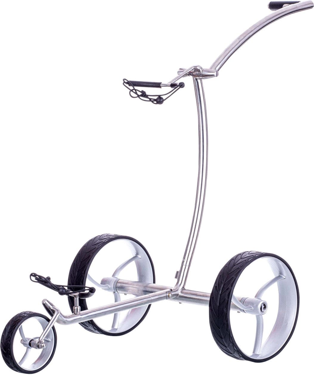 Trendgolf Walker Elektrotrolley aus poliertem Edelstahl mit zwei großen und einem kleinen Rad.
