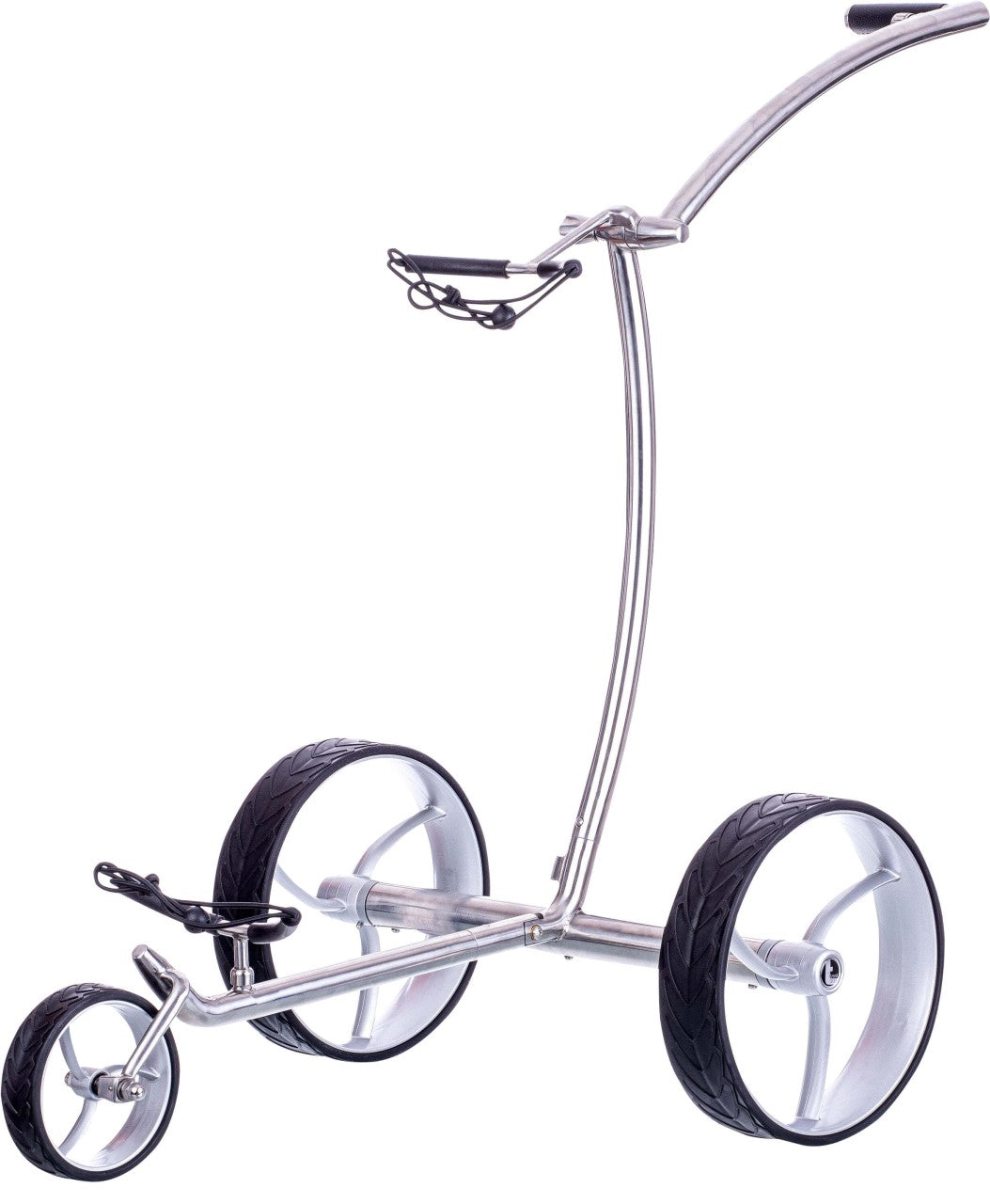 Trendgolf Walker Elektrotrolley aus poliertem Edelstahl mit zwei großen und einem kleinen Rad.