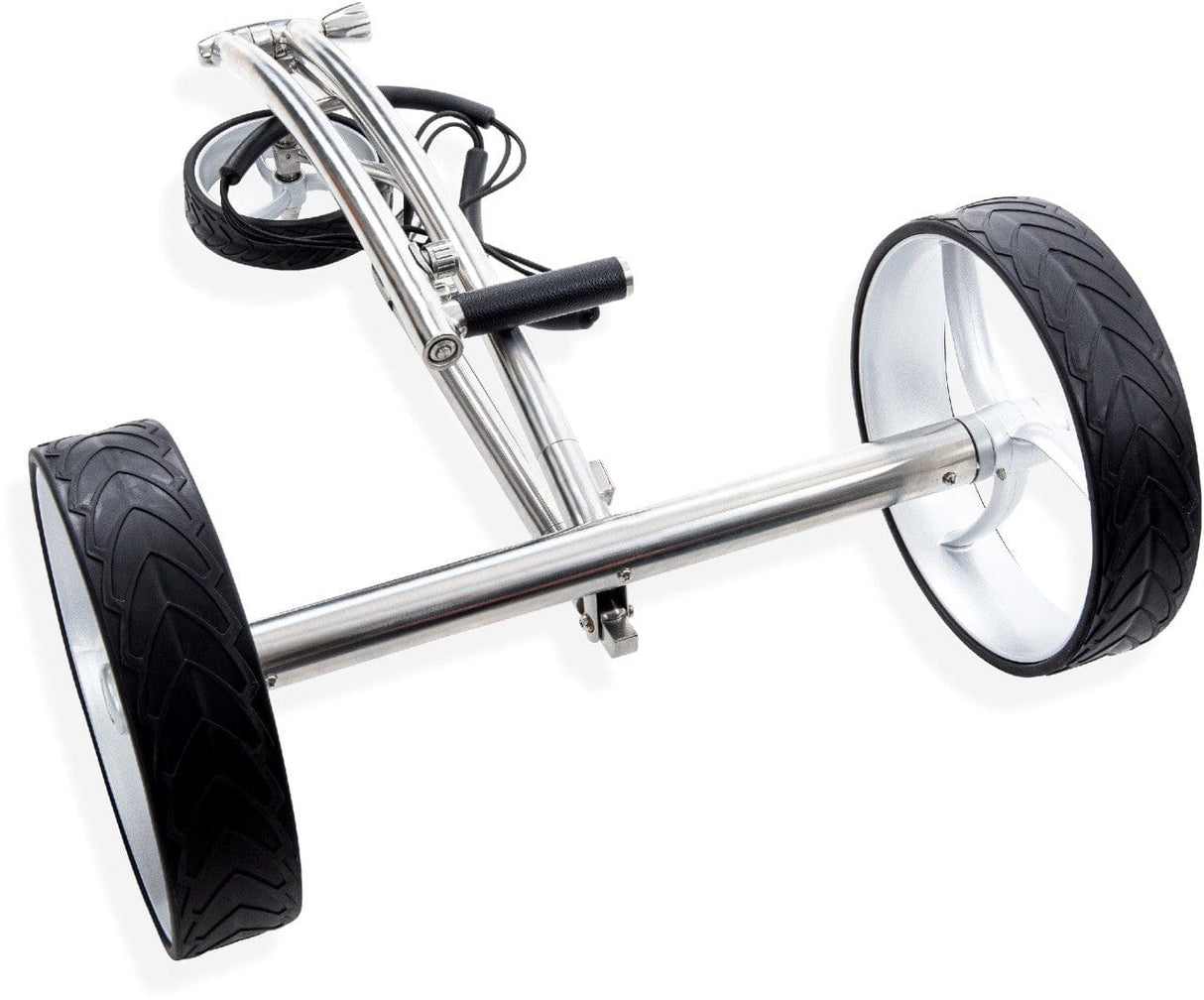 Elektrischer Golftrolley Trendgolf Walker 2025 in poliertem Edelstahl mit schwarzen Reifen.