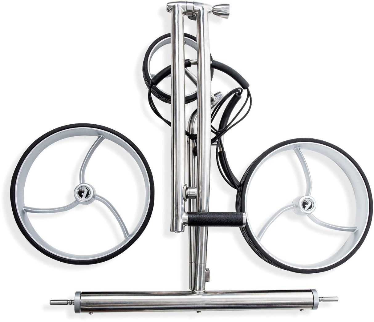 Elektrotrolley Walker 2025 in poliertem Edelstahl mit zwei großen weißen Rädern und minimalistischer Rahmenkonstruktion.