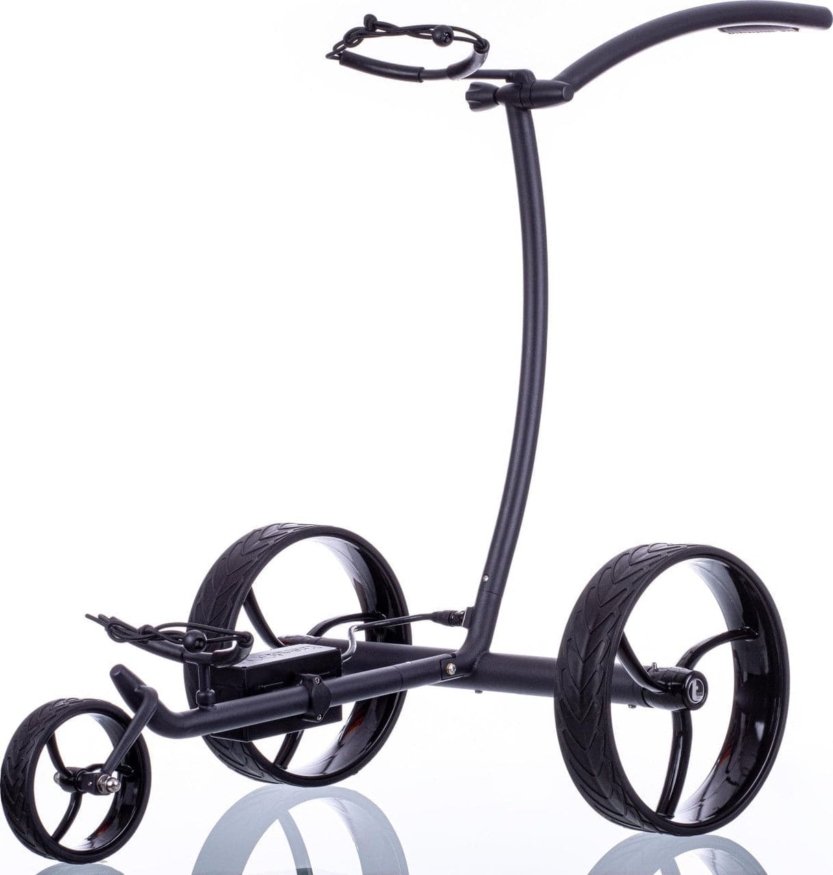 Schwarzer Trendgolf Walker Elektrotrolley mit großem Hinterrad und minimalistischem Gestell.