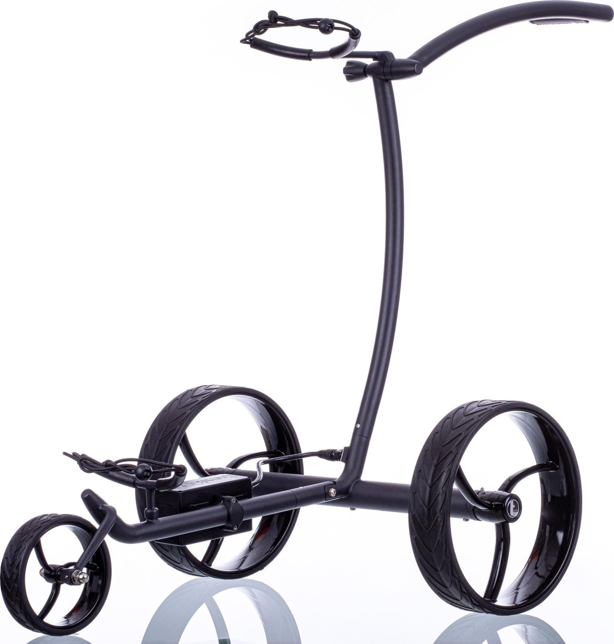 Schwarzer Trendgolf Walker Elektrotrolley mit großem Hinterrad und minimalistischem Gestell.