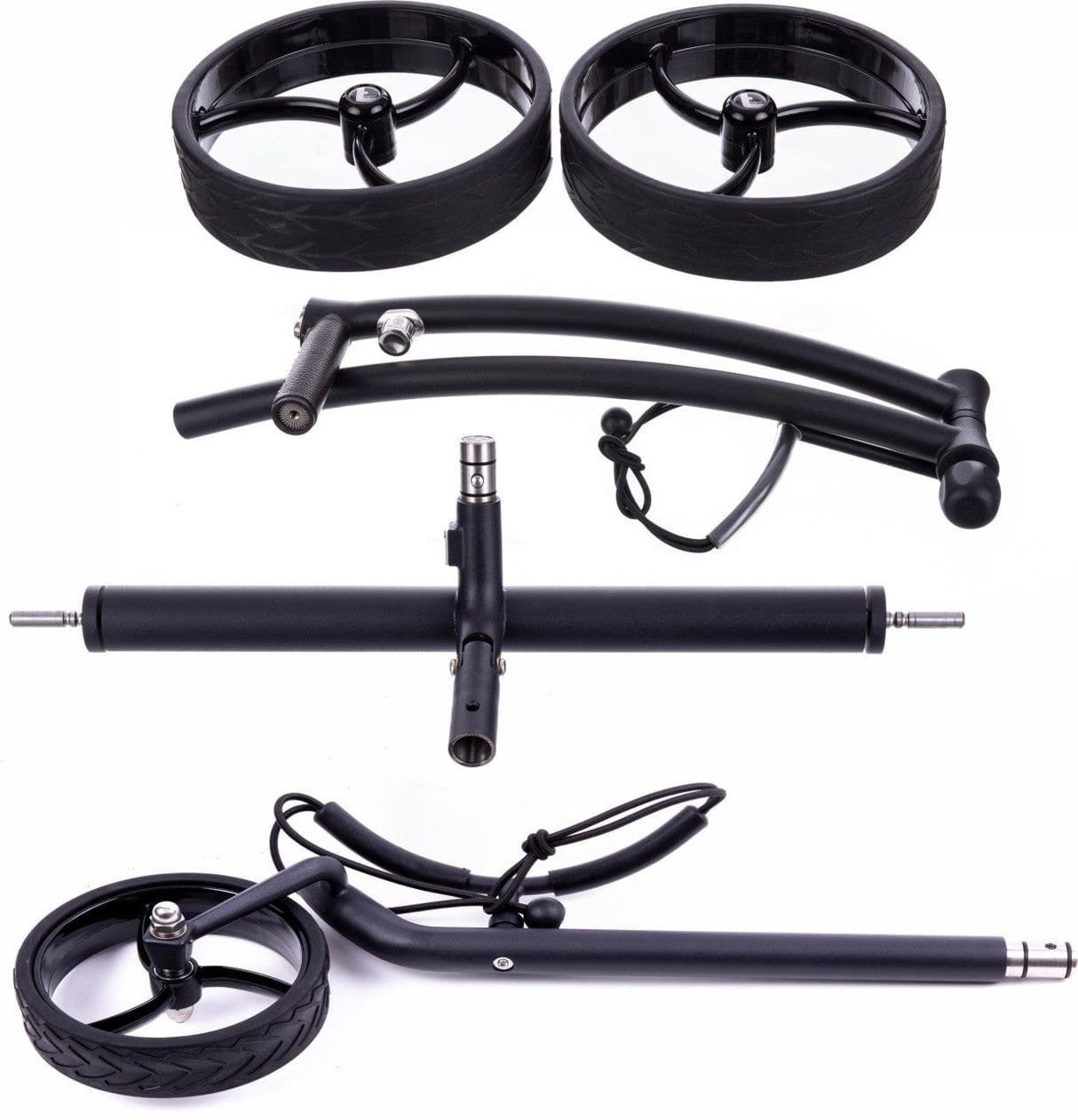 Schwarzer Elektrotrolley Rahmen und zwei abnehmbare Räder mit integrierten Motoren.