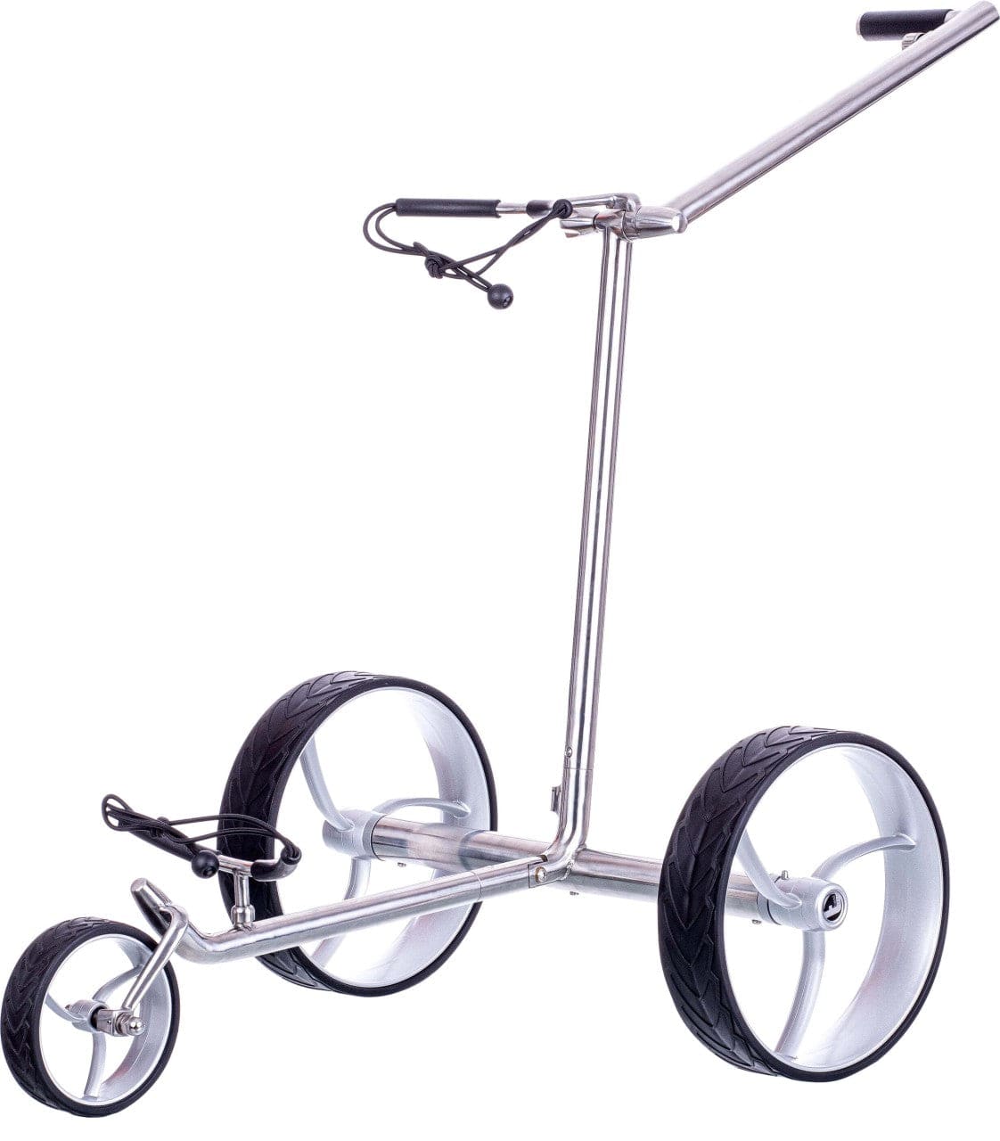 Trendgolf Walker S Elektrotrolley Edelstahl poliert mit drei Rädern und verstellbarem Griff.
