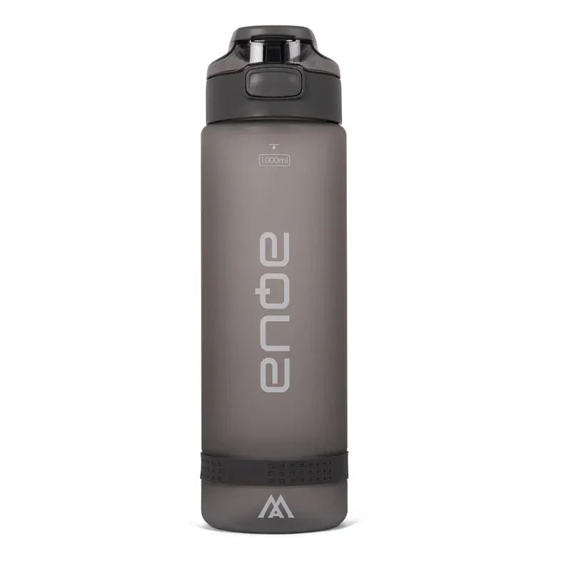 Dunkelgraue Tritan Trinkflasche mit auslaufsicherem Verschluss und Big Max Logo.