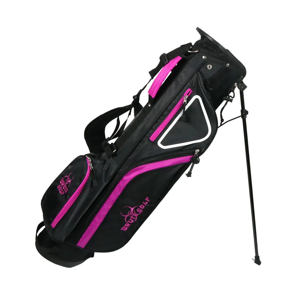 Schwarzes Golf-Komplettset mit pinken Akzenten, Ständer und mehreren Taschen.