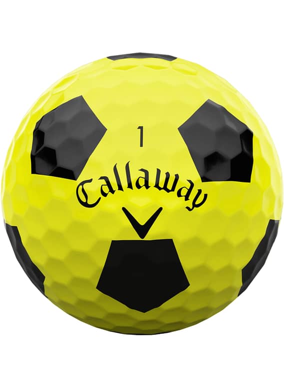 Gelber Callaway ERC Soft Truvis Golfball mit schwarzem Trüvis-Pentagon-Design und Nummer 1.