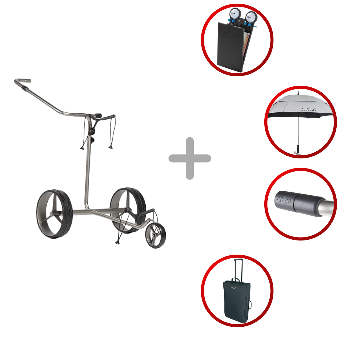 Silberner Jucad Drive Edelstahl 2.0 Elektro-Golftrolley mit robustem Metallrahmen und Rädern.