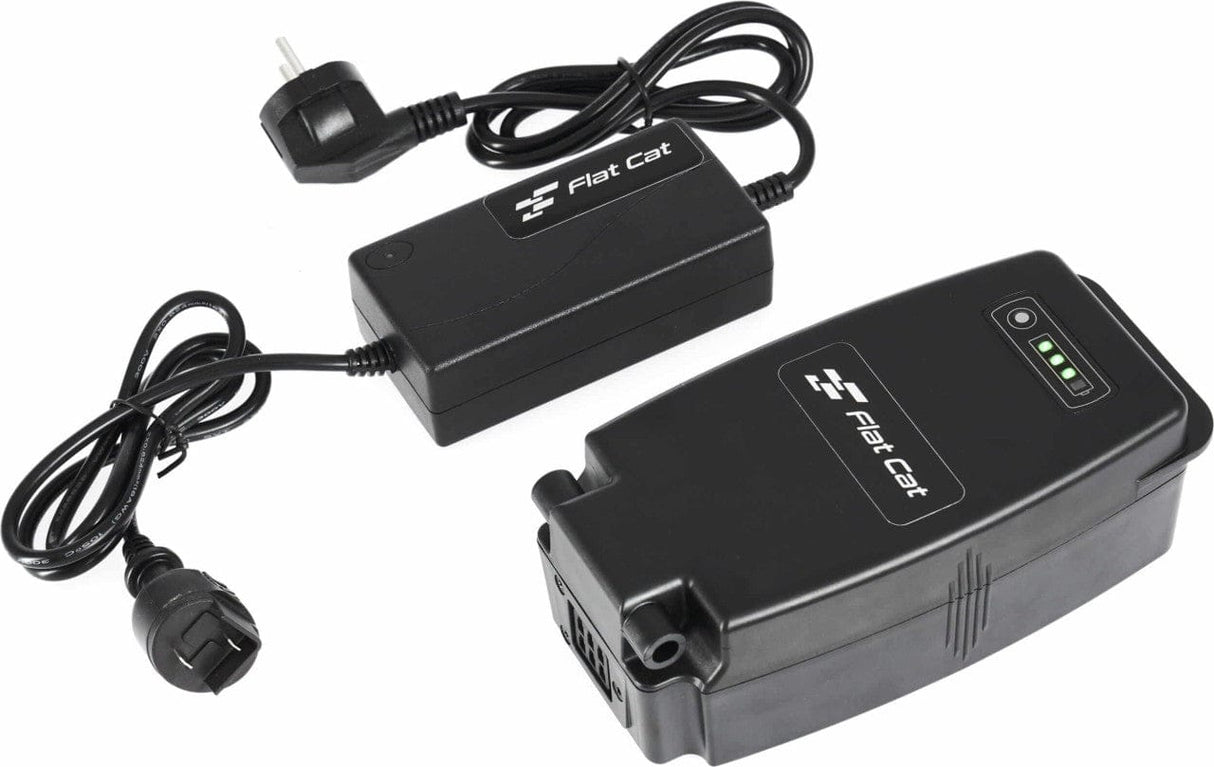 Schwarzes Flat Cat Ladegerät mit grünem LED-Display und Netzadapter mit Kabel.