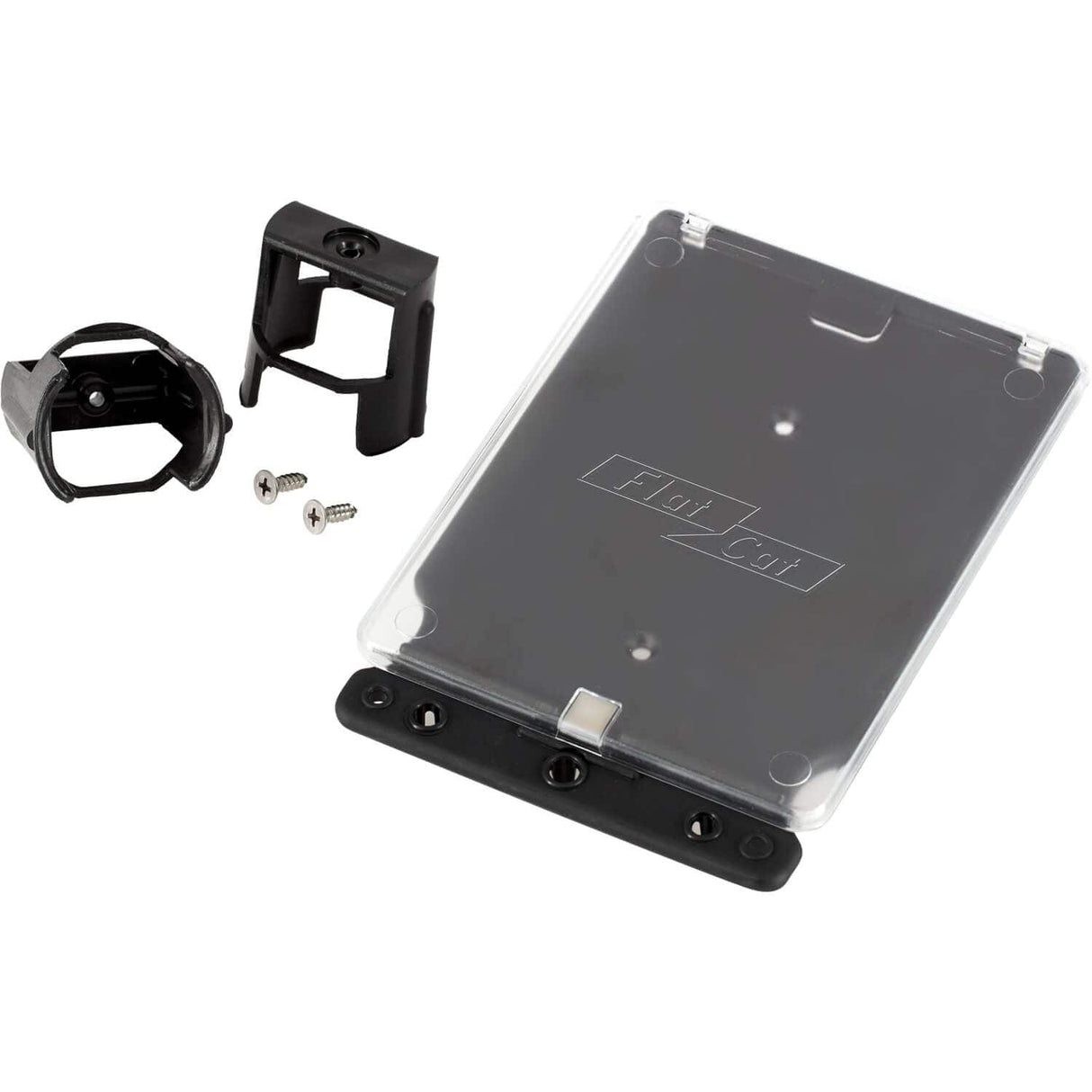 Schwarzer Flat Cat Scorekarten-Halter aus Kunststoff mit Ballhalter und Befestigungsschrauben.