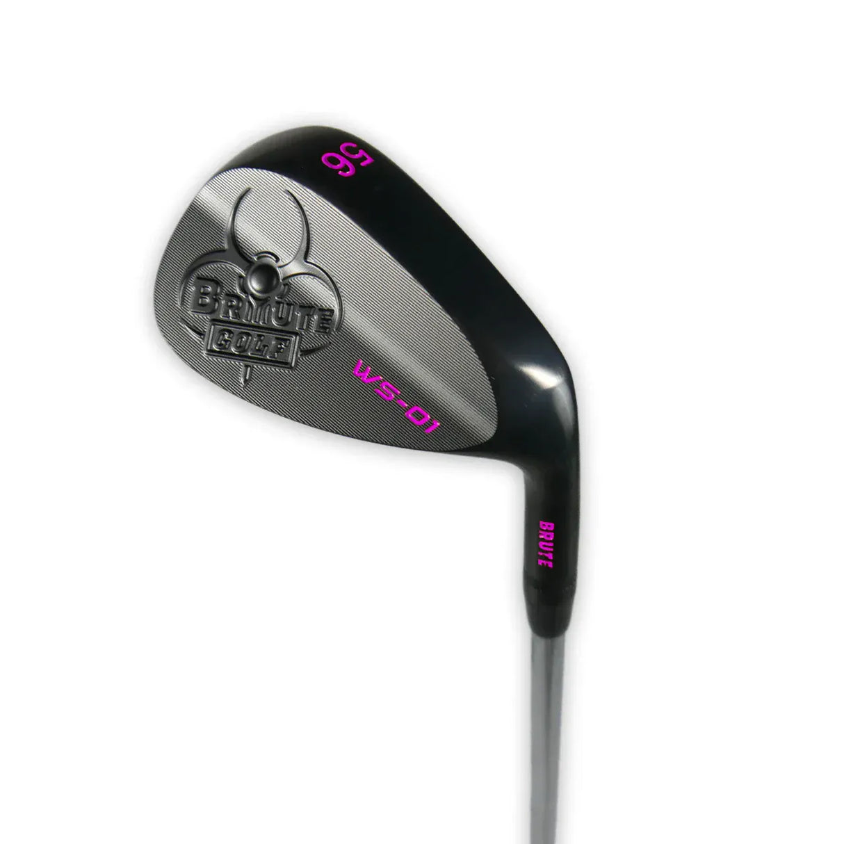 Golf Wedge mit 56° Loft in Metallgrau, pinke Schriftzüge und Logo, mattierte Oberfläche.