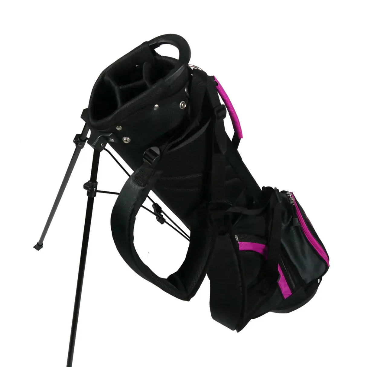 Schwarzer Golf-Standbag mit pinken Akzenten und mehreren Außentaschen, Tragegurt sichtbar.