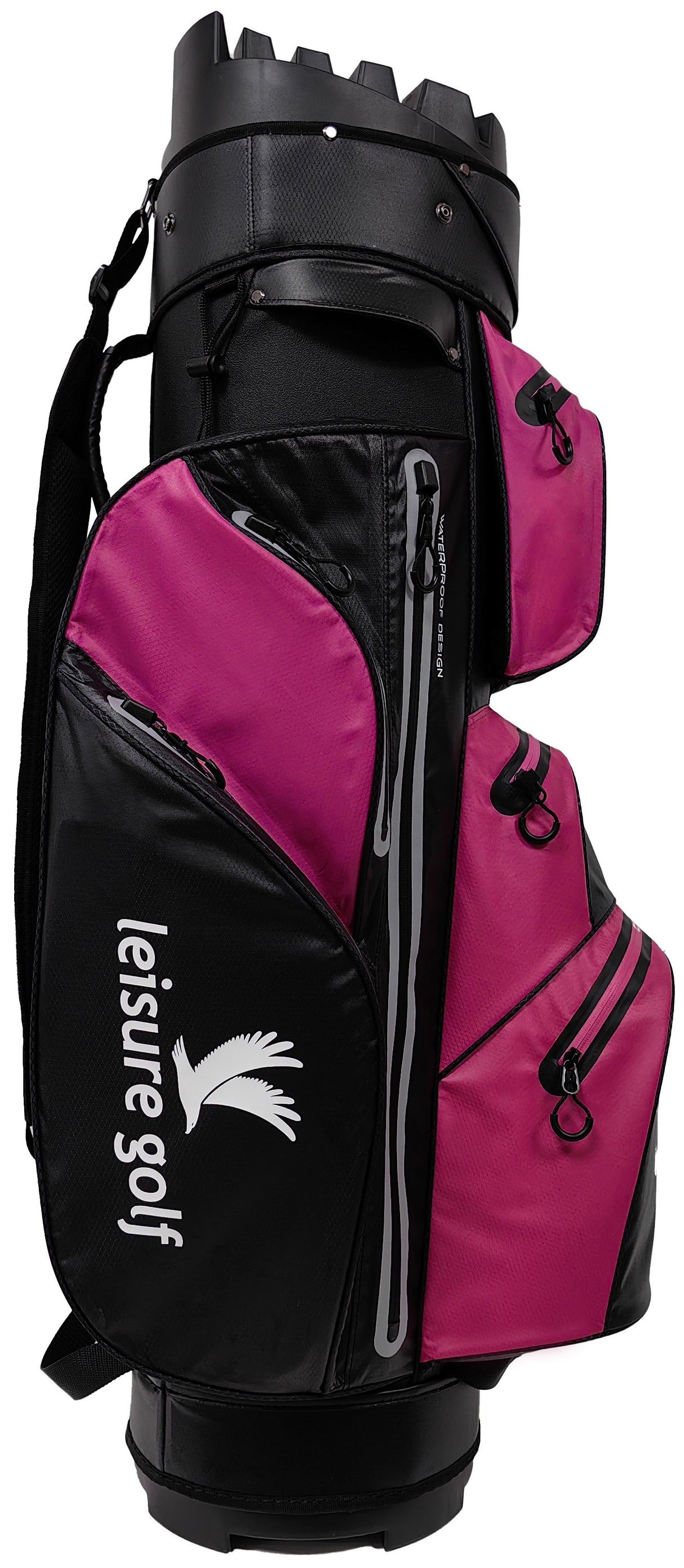 Schwarzer und pinker Leisure Golf Watersafe Organizer Cartbag mit mehreren Reißverschlussfächern und Tragegriff.