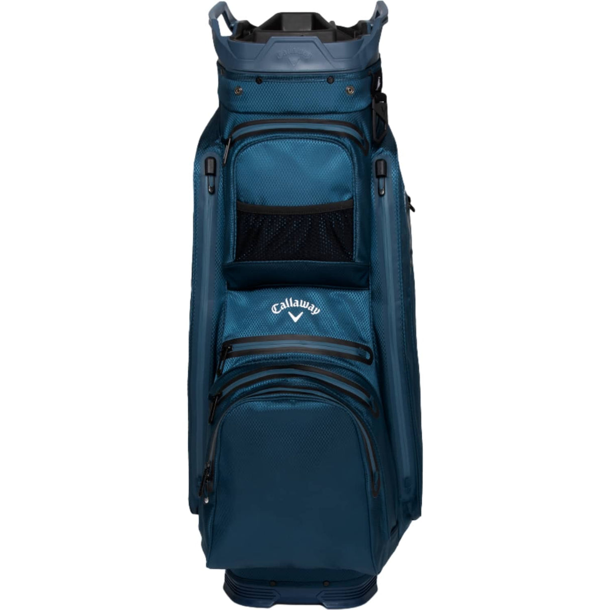 Marineblaues Callaway ORG 14 HD Cart Golfbag mit mehreren Reißverschlusstaschen und weißem Logo.