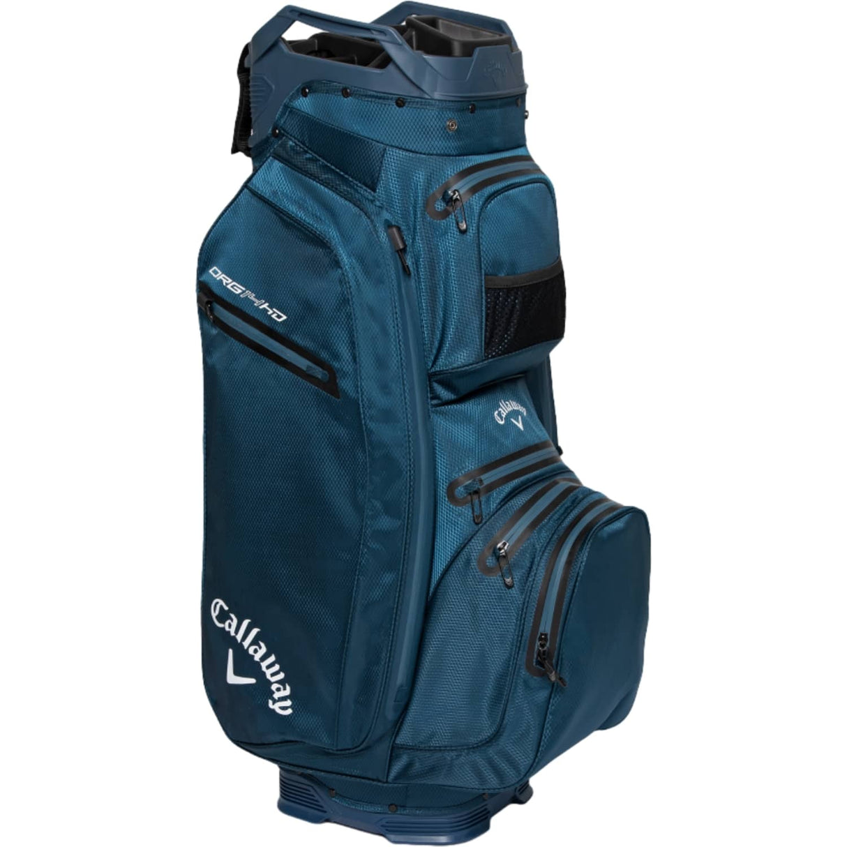 Marineblaues Callaway ORG 14 HD Cart Bag mit mehreren Reißverschlussfächern und Tragegriff.