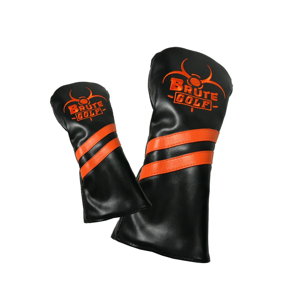 Schwarze Golf-Headcovers mit orangen Brute Golf Logos und diagonalen Streifen.