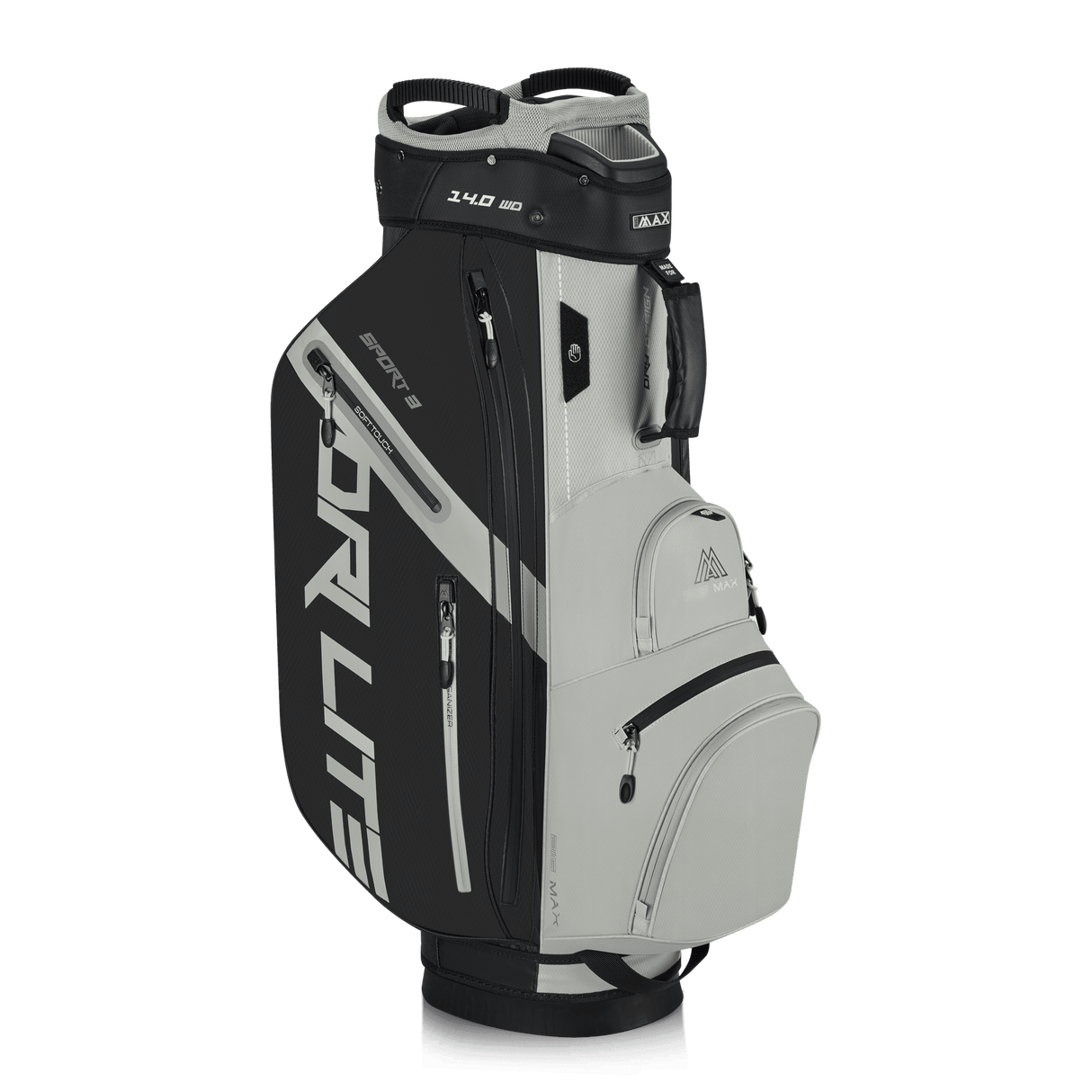 Schwarzes Big Max Dri Lite Sport 3 Golf-Cartbag mit silbernem Logo und mehreren grauen Reißverschlusstaschen.