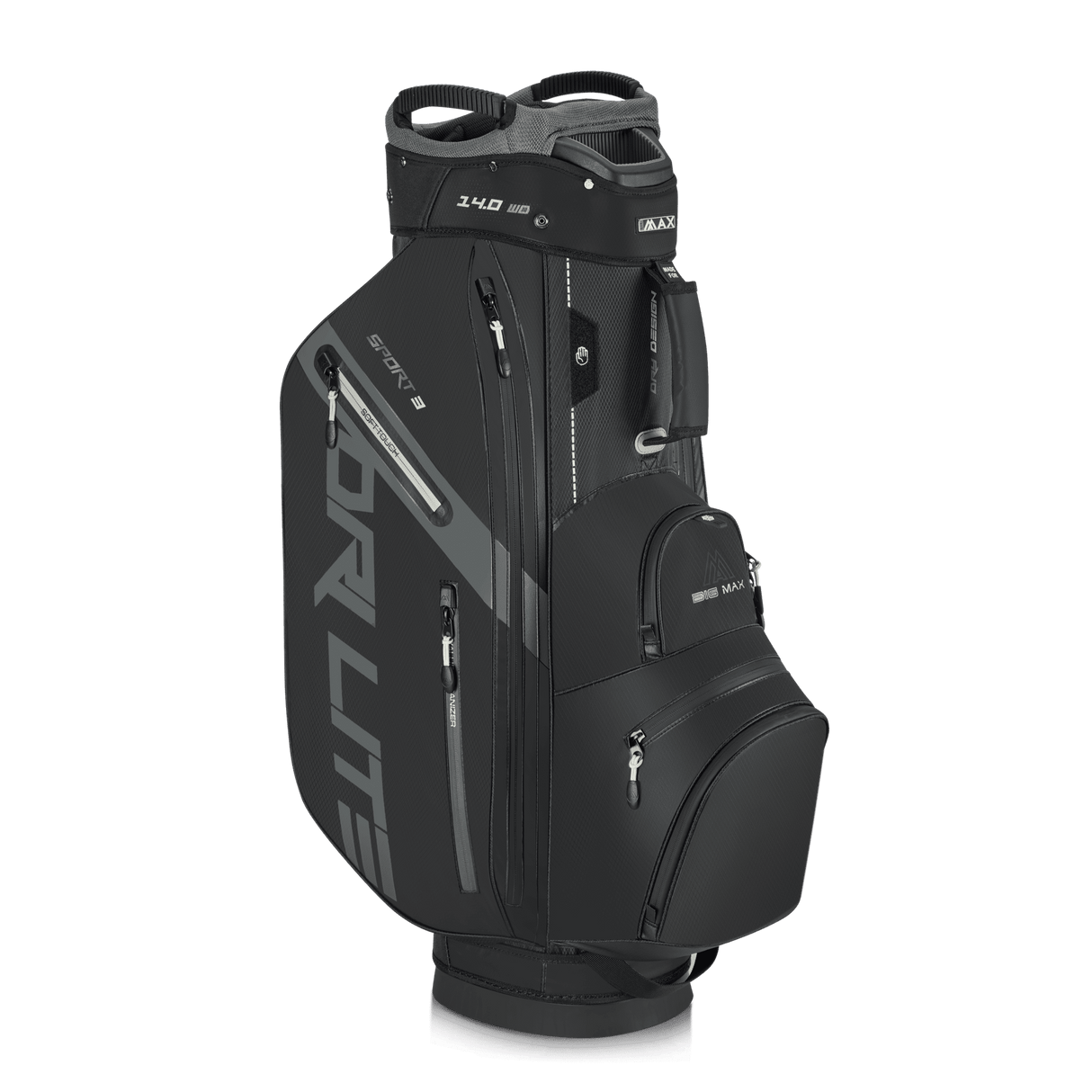 Schwarzes Big Max Dri Lite Sport 3 Golfcartbag mit mehreren Reißverschlusstaschen und grauem Logo Schriftzug.