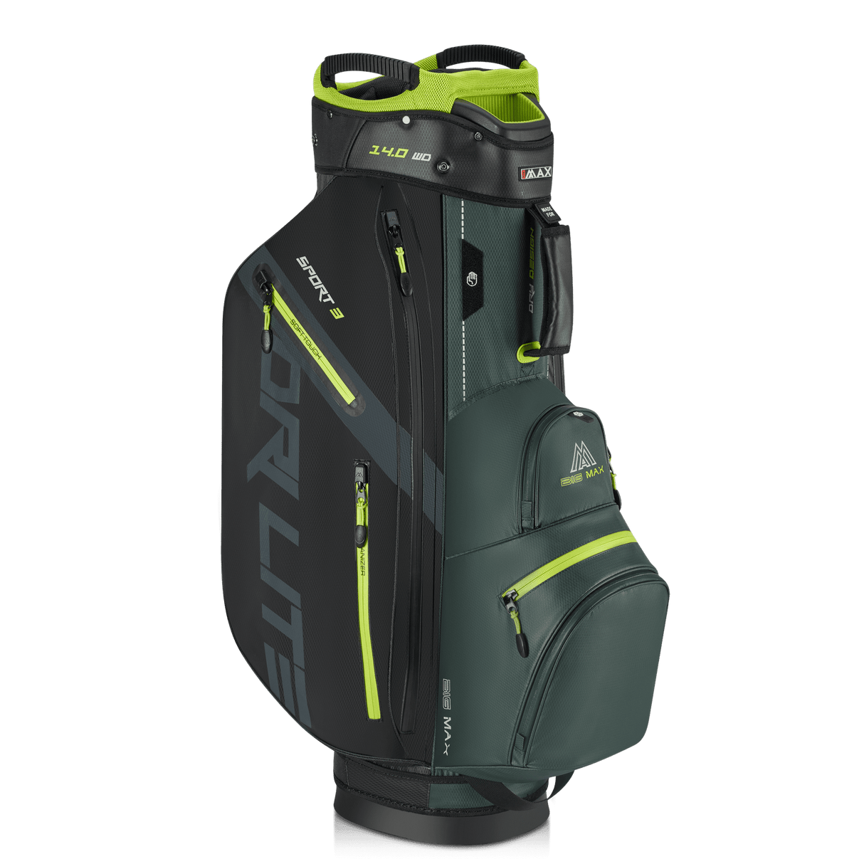 Big Max Dri Lite Sport 3 Cartbag in dunklem Grün mit limettengrünen Reißverschlüssen und schwarzem Tragegurt.