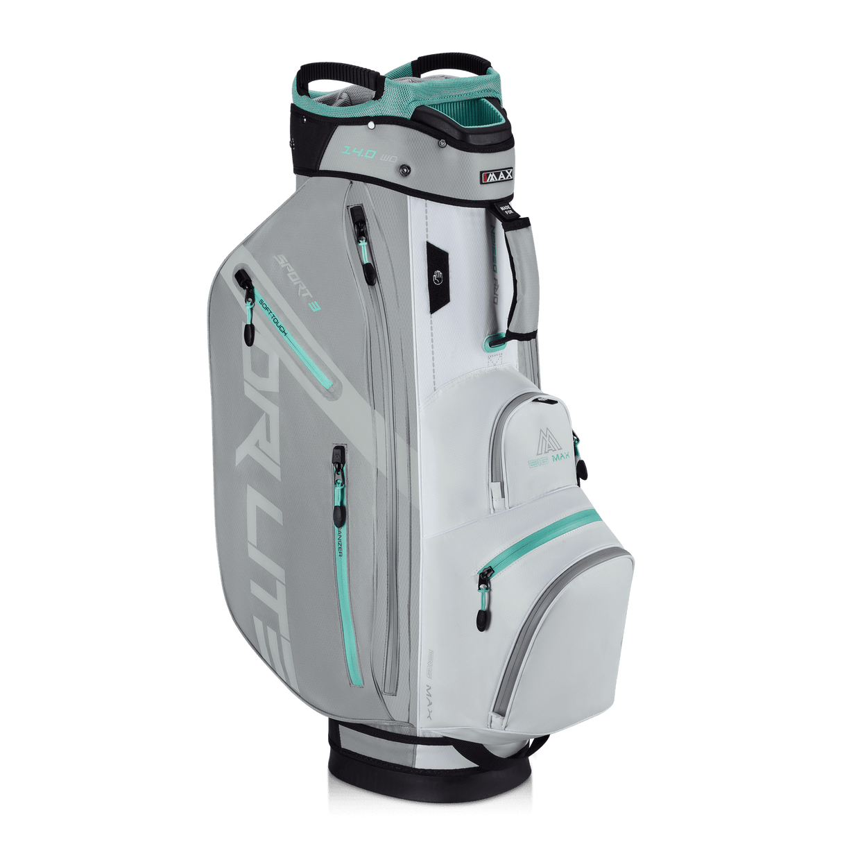 Hellgraues Big Max Dri Lite Sport 3 Cartbag mit mintgrünen Reißverschlüssen und schwarzem Standfuß.