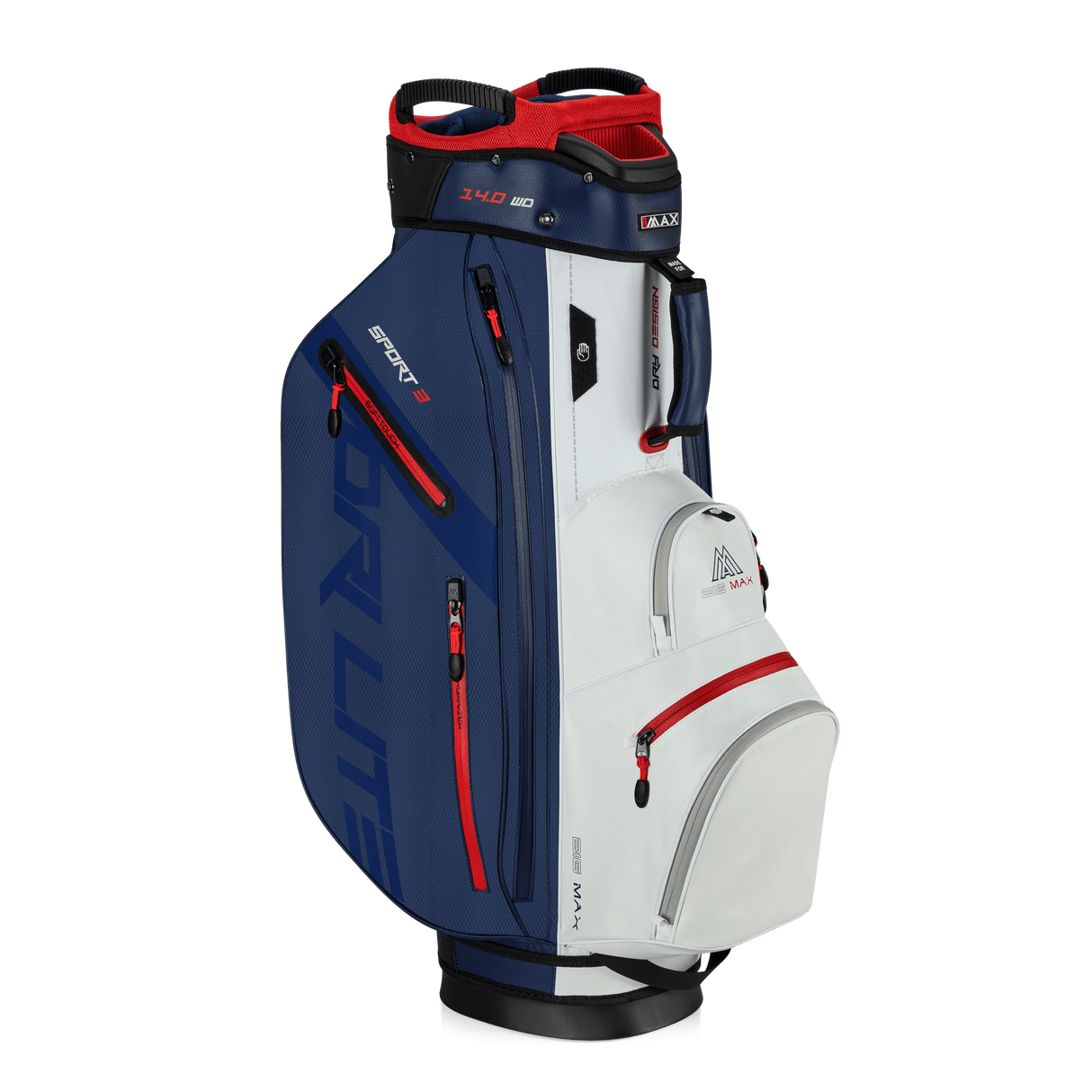 Big Max Dri Lite Sport 3 Cartbag in Navy-Weiß-Rot mit mehreren Reißverschlusstaschen und seitlichem Griff.
