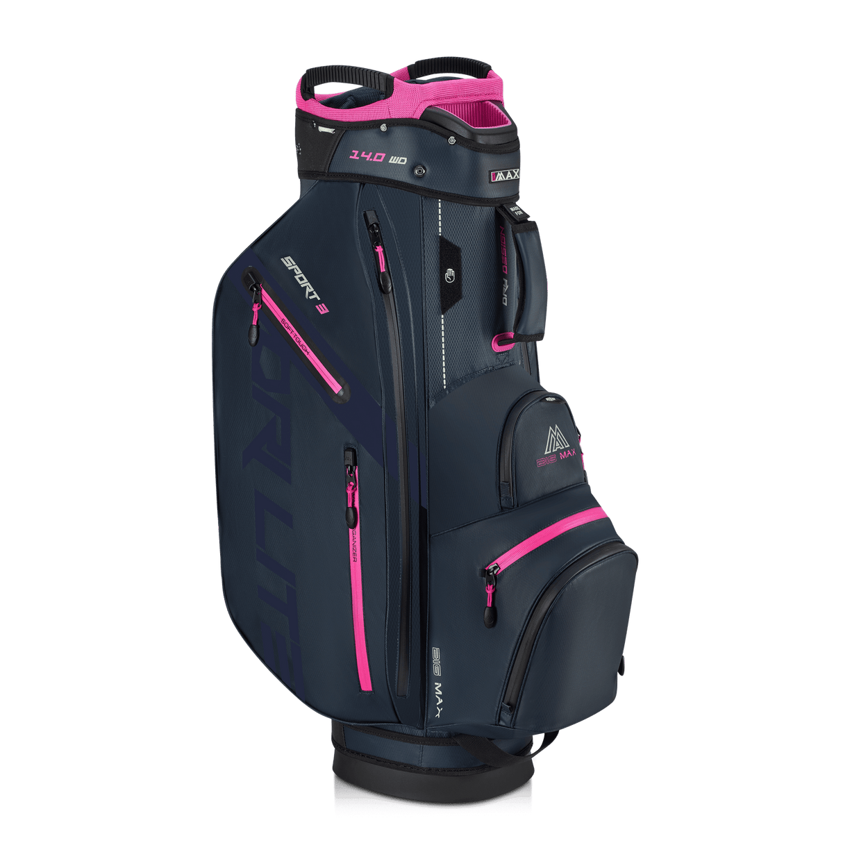 Navy-blaues Big Max Dri Lite Sport 3 Golf-Cartbag mit pinken Reißverschlüssen und mehreren Taschen.