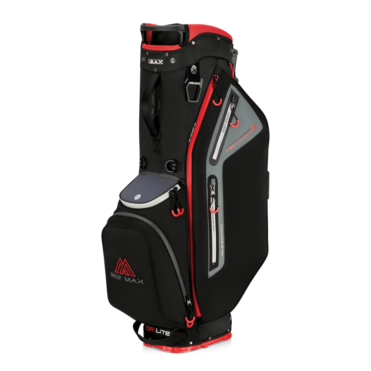 Schwarzes Big Max Dri Lite Feather 2 Golf-Standbag mit roten Akzenten und mehreren Taschen.