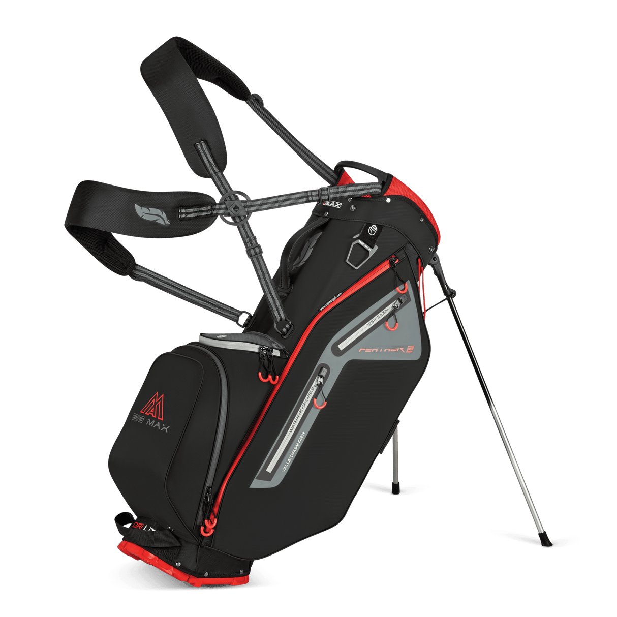 Schwarzes Big Max Dri Lite Feather 2 Standbag mit roten Akzenten und mehreren Reißverschlussfächern, klappbarer Standfuß,.