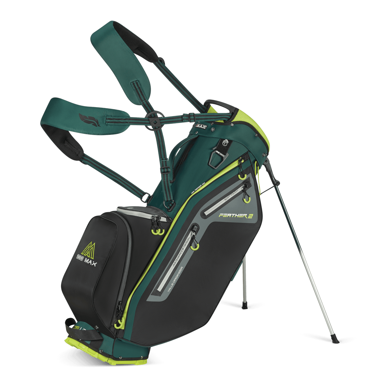 Big Max Dri Lite Feather 2 Standbag in Forest Green mit schwarzen und limettengrünen Akzenten, leichtes Design mit.