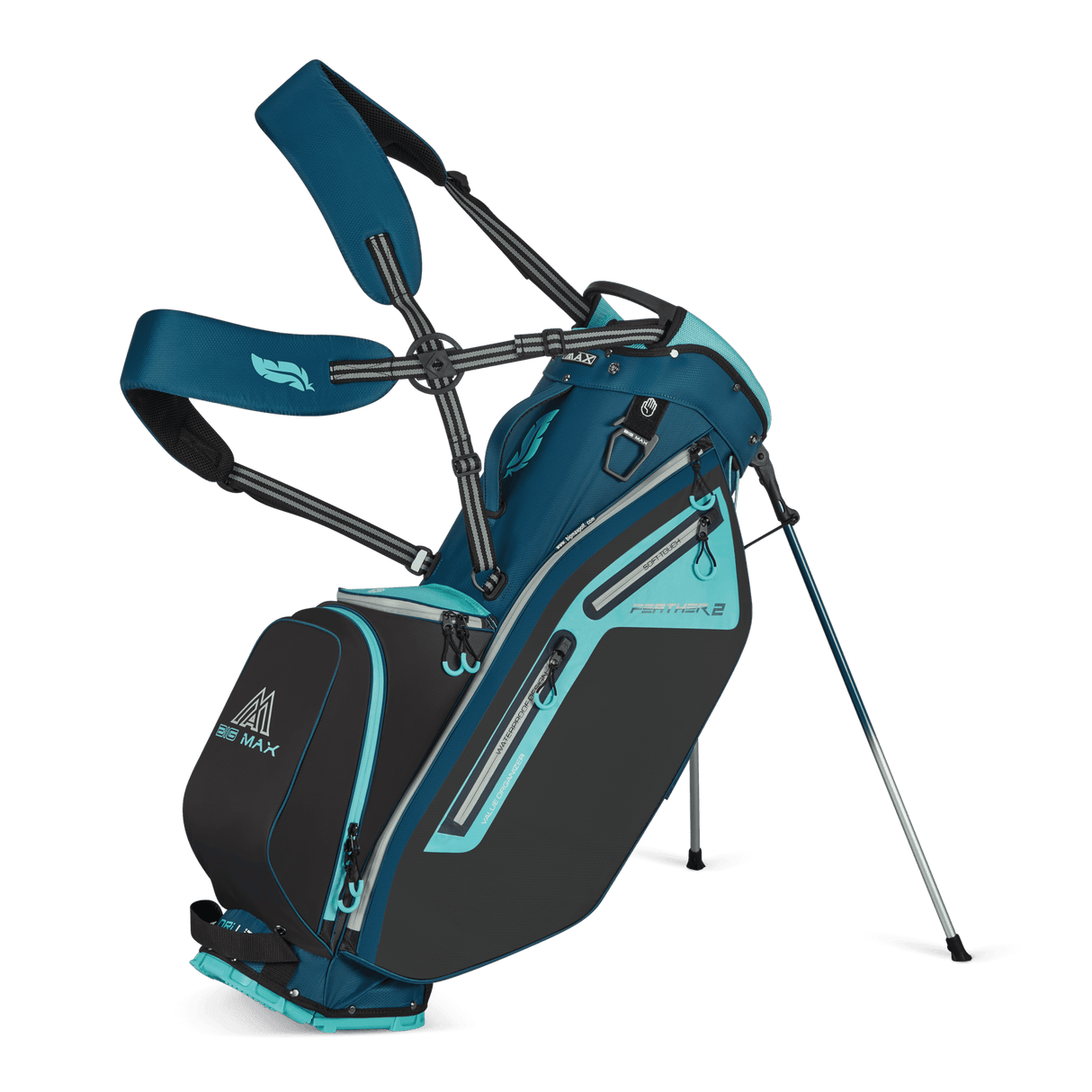 Golf-Standbag in Stahlblau und Petrol mit mehreren Reißverschlusstaschen und verstellbaren Trägern.