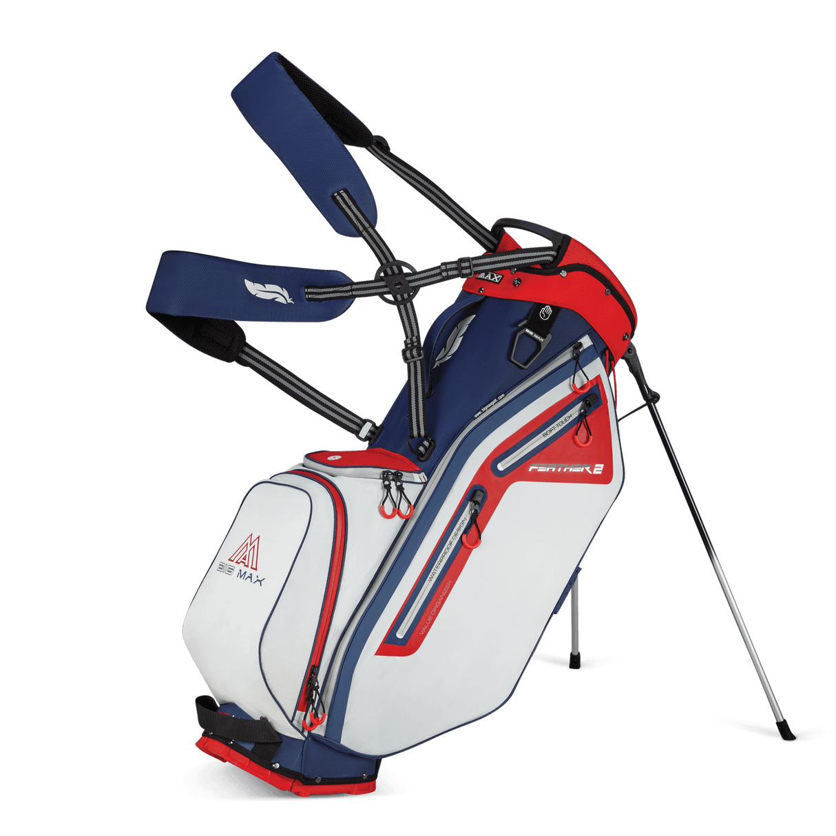 Big Max Dri Lite Feather 2 Standbag in Weiß, Blau und Rot mit Standmechanismus und mehreren Reißverschlusstaschen.