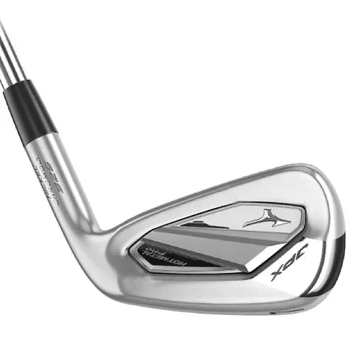 Mizuno JPX-925 Hot Metal Pro Golfeisen in Silber mit schwarzem Griff und poliertem Stahlkopf.