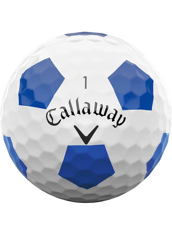Callaway ERC Soft Truvis Golfball mit blau-weißen Hexagon-Mustern und Nummer 1.