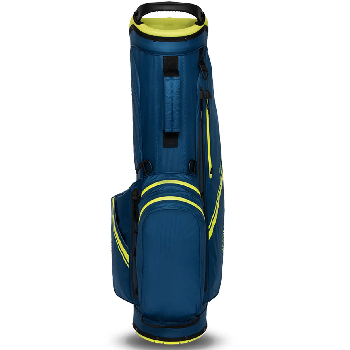 Marineblaues Callaway Chase Dry Golf-Standbag mit neongelben Akzenten und mehreren Reißverschlusstaschen.