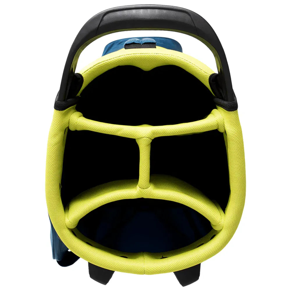 Golf-Standbag mit sechs Fächern, marineblau außen, neongelbes Innenfutter, gepolsterter Henkel.