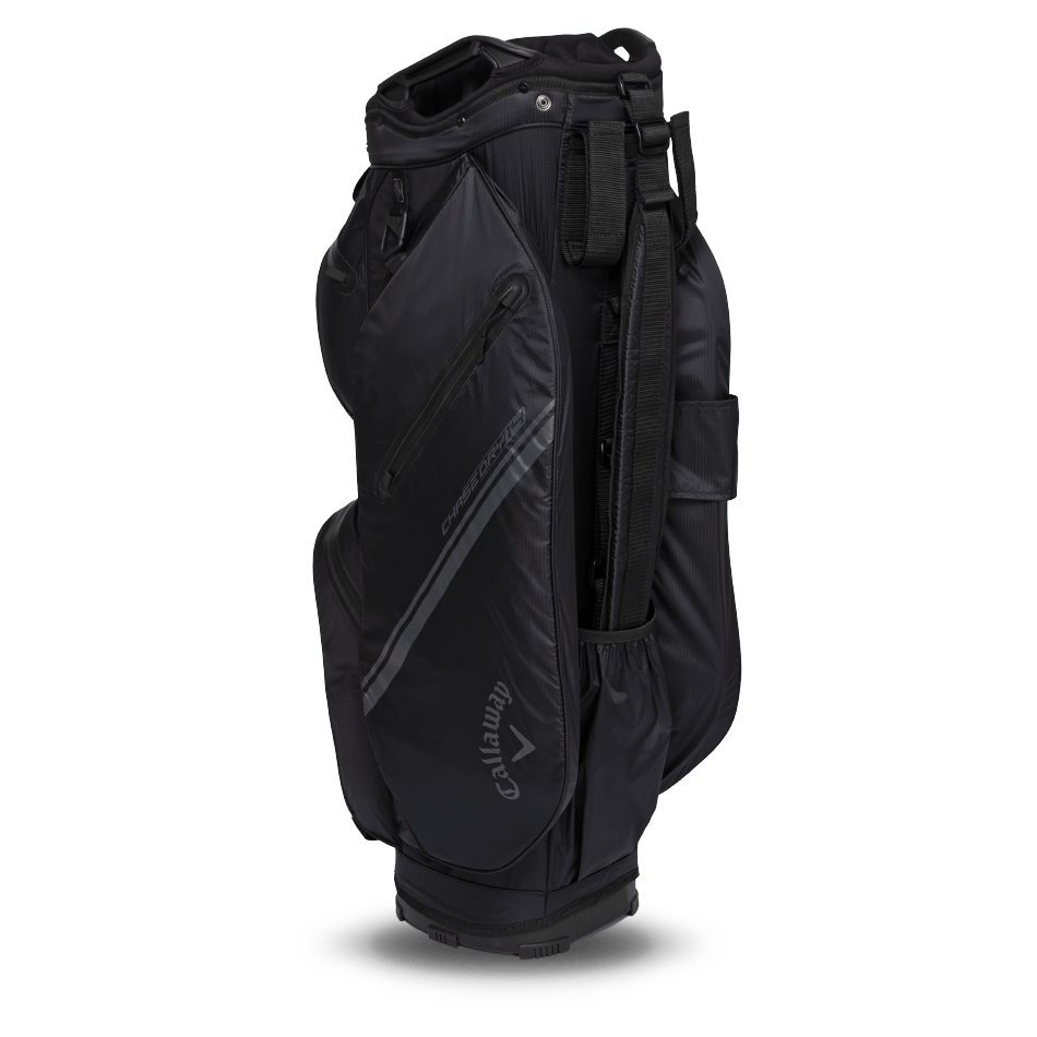 Schwarzer Callaway Chase 14 Dry Cartbag mit mehreren Reißverschlusstaschen und logo geprägt.