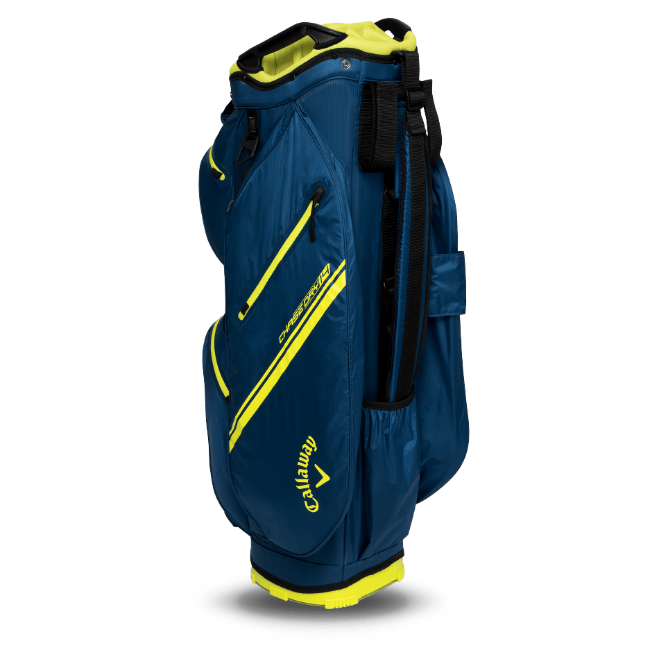 Marineblaues Callaway Chase 14 Dry Cart Bag mit gelben Reißverschlüssen und Bodenrand.
