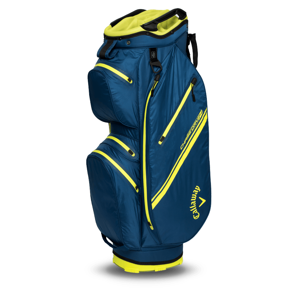 Marineblaues Callaway Chase 14 Dry Cart Bag mit gelben Reißverschlüssen und Logo, robustes Golfcartbag mit mehreren Taschen.