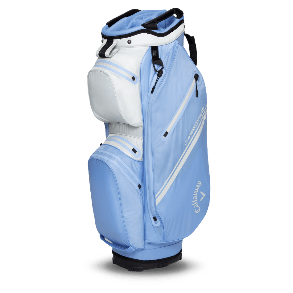 Hellblaues Callaway Chase 14 Dry Cart Golfbag mit mehreren Reißverschlusstaschen und weißem Logo.