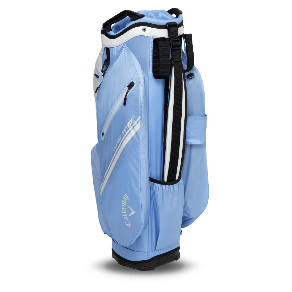 Hellblaues Callaway Chase 14 Dry Cart Golfbag mit weißem Logo und mehreren Taschen.