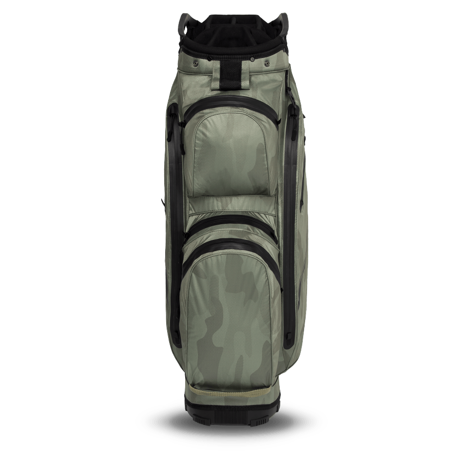 Callaway Chase 14 Dry Cart Bag in grünem Camouflage mit mehreren Taschen und Tragegriffen.