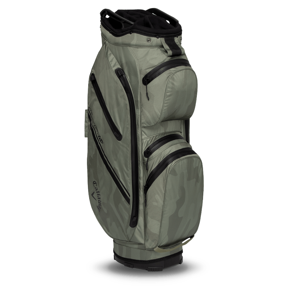 Callaway Chase 14 Dry Cart Bag in grünem Camouflage mit mehreren Reißverschlusstaschen und robustem Griff.