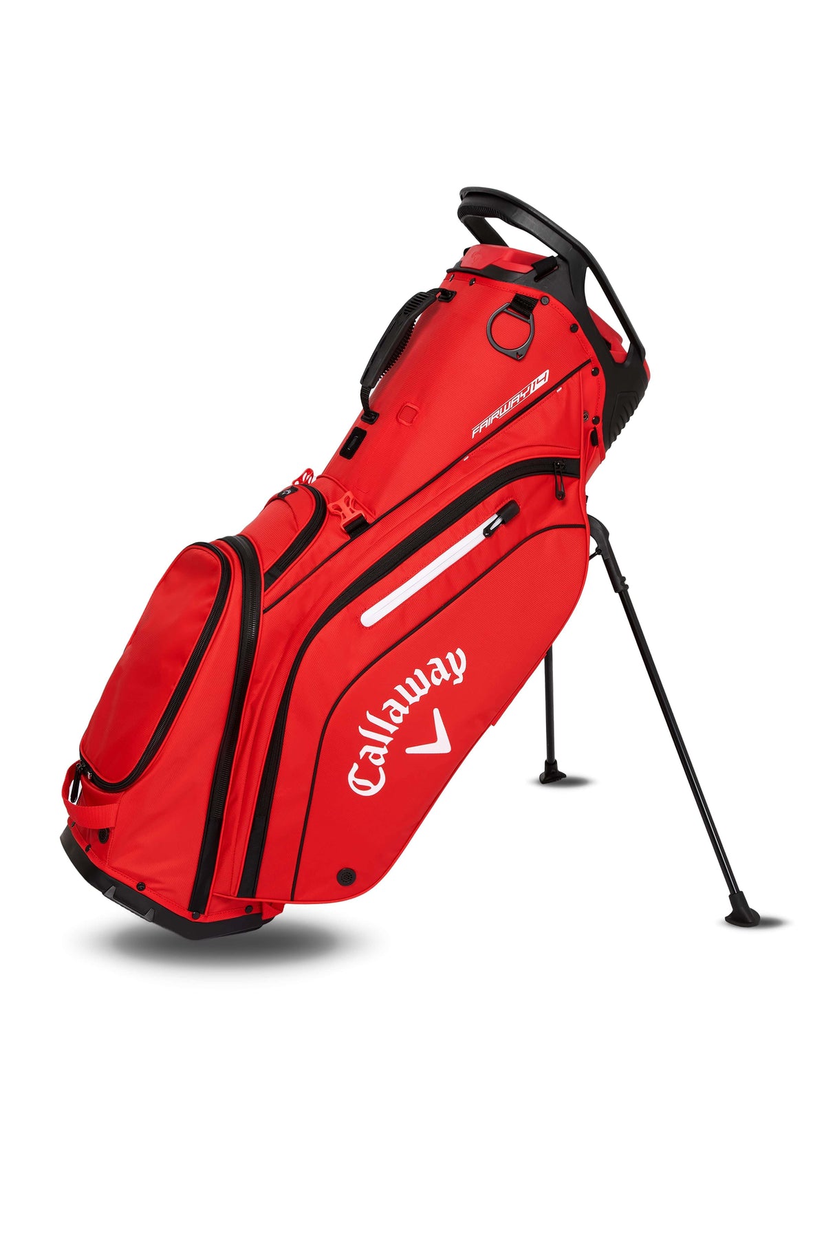 Feuerrotes Callaway Fairway 14 Golf Standbag mit schwarzem und weißem Akzenten und ausklappbarem Ständer.