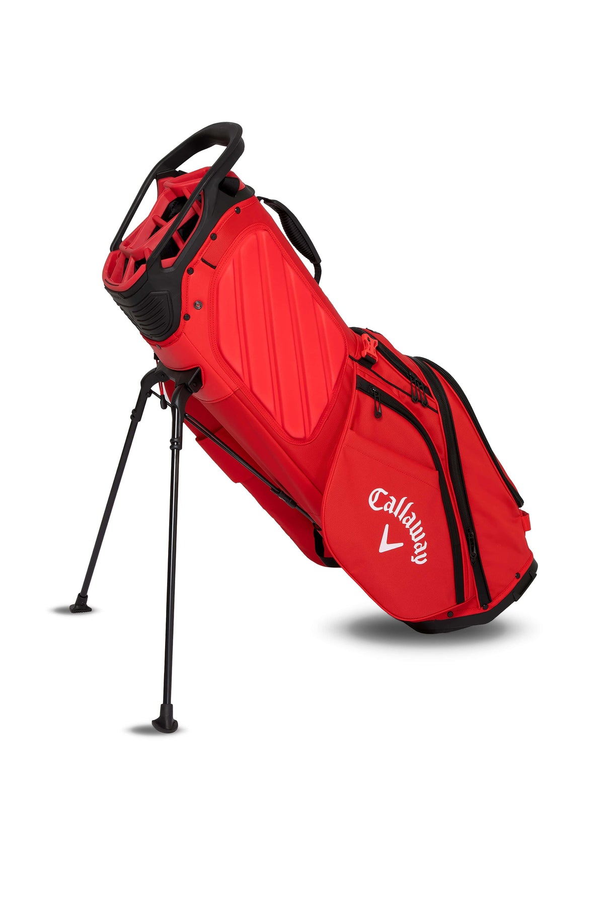 Schwarzes und feuerrotes Callaway Fairway 14 Stand Golfbag mit mehreren Taschen und ausklappbaren Standfüßen.