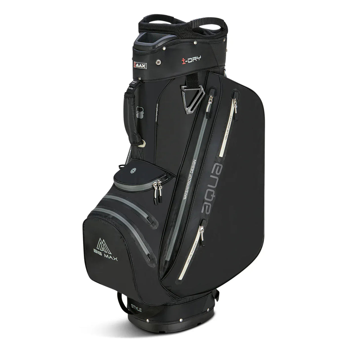 Schwarzes Big Max Aqua Style 4 Cartbag mit mehreren Reißverschlusstaschen und Logo auf der Front.