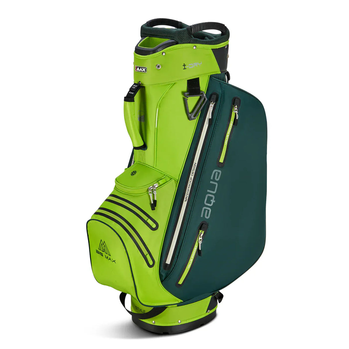 Big Max Aqua Style 4 Cartbag in leuchtendem Limettengrün und dunklem Waldgrün mit mehreren Reißverschlusstaschen.