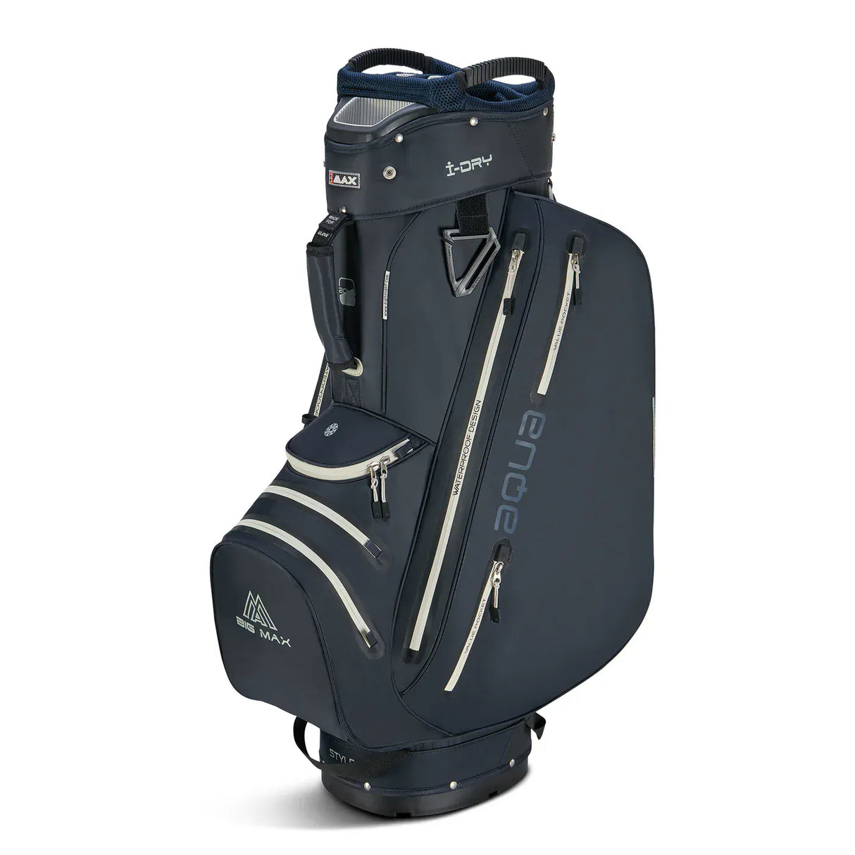 Navyfarbenes Big Max Aqua Style 4 Cartbag mit mehreren Reißverschlusstaschen und Tragegriff.