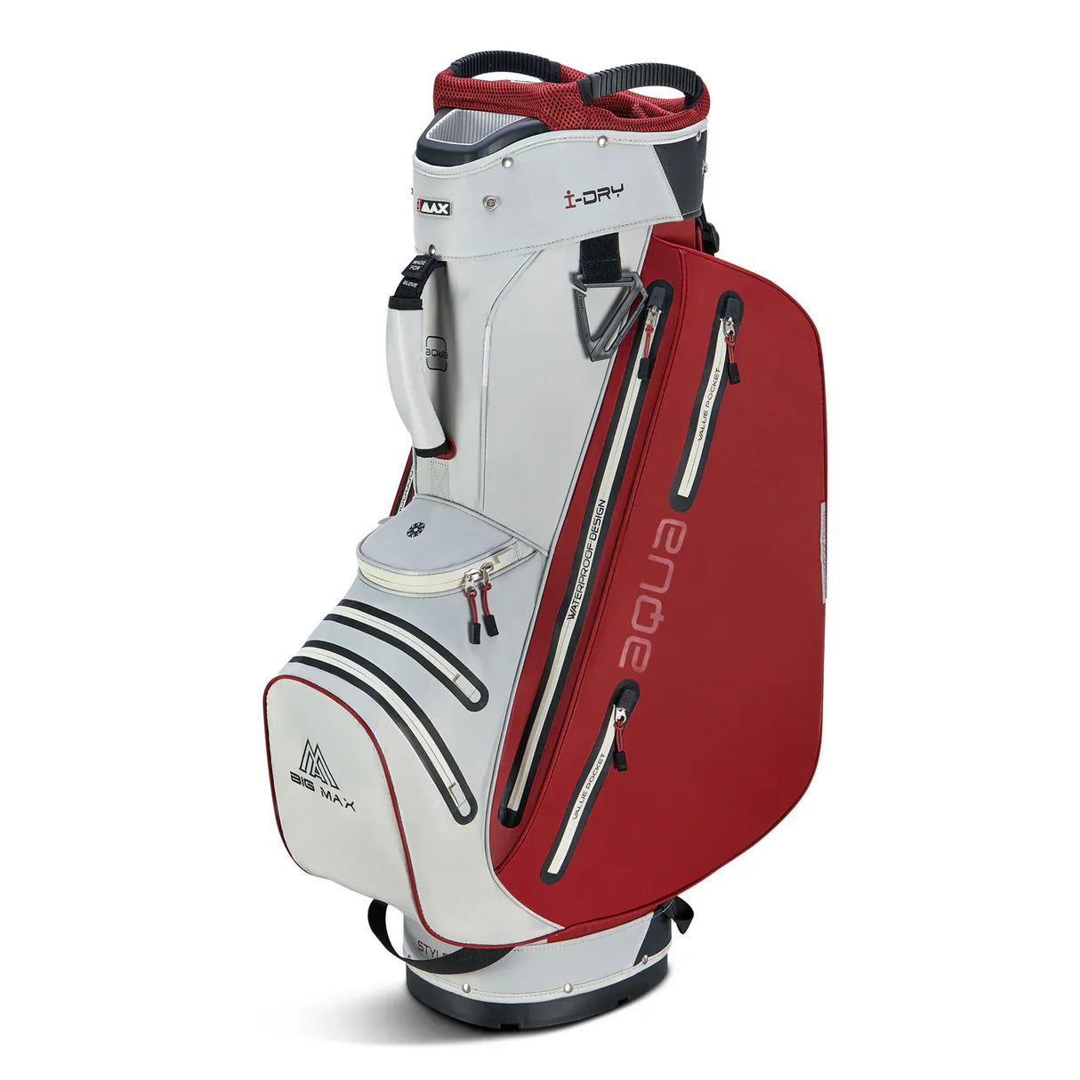Weiß-rotes Big Max Aqua Style 4 Golfcartbag mit mehreren Reißverschlusstaschen und robustem Tragegriff.