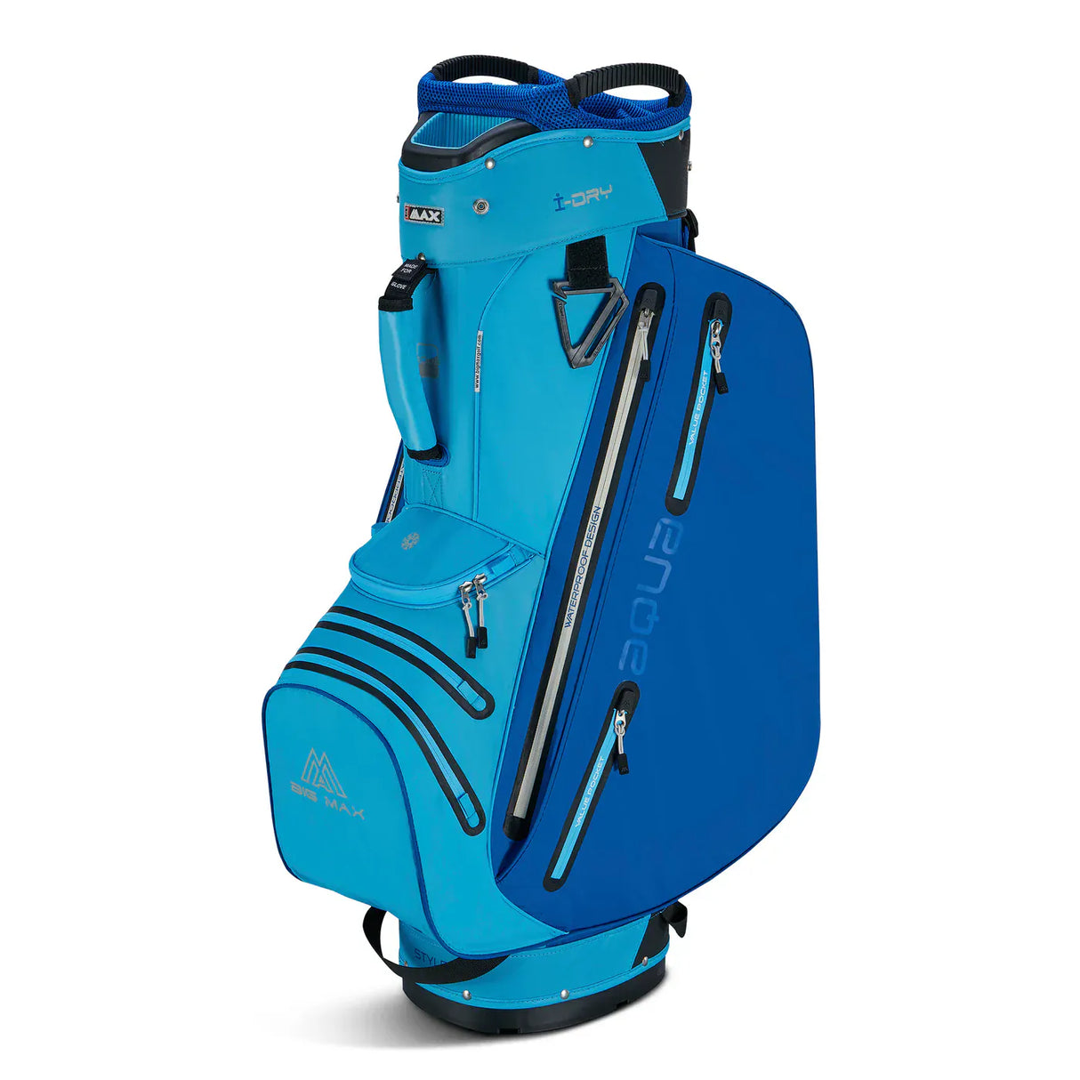 Blaues Big Max Aqua Style 4 Cartbag mit mehreren Reißverschlusstaschen und ergonomischem Griff.