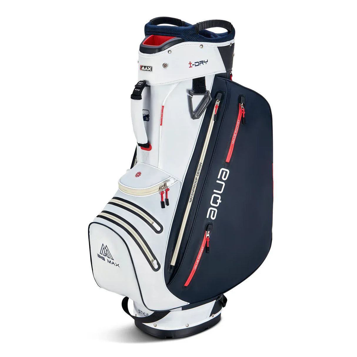 Weißes und marineblaues Big Max Aqua Style 4 Golfcartbag mit roten Reißverschlüssen und mehreren Außentaschen.